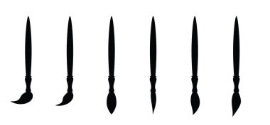 Yaratıcı çizim için boya fırçası. Çeşitli şekillerde boya fırçaları. Çizim araçları ya da boya aksesuarları için piktogramlar. Farklı boyutlarda, şekillerde, tiplerde ve stillerde fırçalar. Boyama aracı