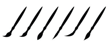 Yaratıcı çizim için boya fırçası. Çeşitli şekillerde boya fırçaları. Çizim araçları ya da boya aksesuarları için piktogramlar. Farklı boyutlarda, şekillerde, tiplerde ve stillerde fırçalar. Boyama aracı