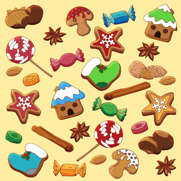 Conjunto Ilustrações Sobre Tema Das Tradições Natalinas Conjunto Biscoitos Gengibre — Fotografia de Stock