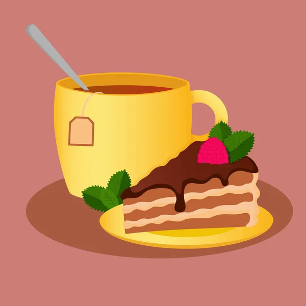 チョコレート ケーキにラズベリーとミントの部分はスプーンと黒茶黄色のカップの近くの受け皿に残します ベクトル図 — ストックベクタ