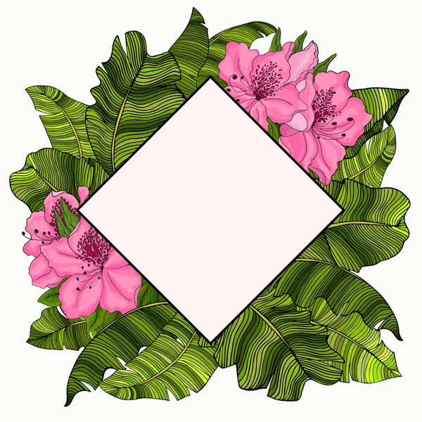 Frame for text with a white background in the design of the multi-colored, green leaves of a banana tree and pink azalea flowers. Idea for poster, postcard, flyer. Tropical leaves. The current trend. Vector image.