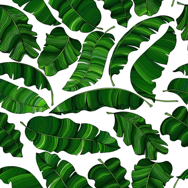 Seamless Pattern Exotic Green Banana Leaves Randomly Scattered Isolated Transparent — Stock Vector