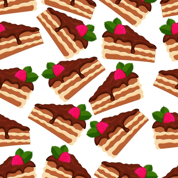 Seamless Pattern Chocolate Cake Pieces Raspberries Mint Leaves — Stock Photo, Image