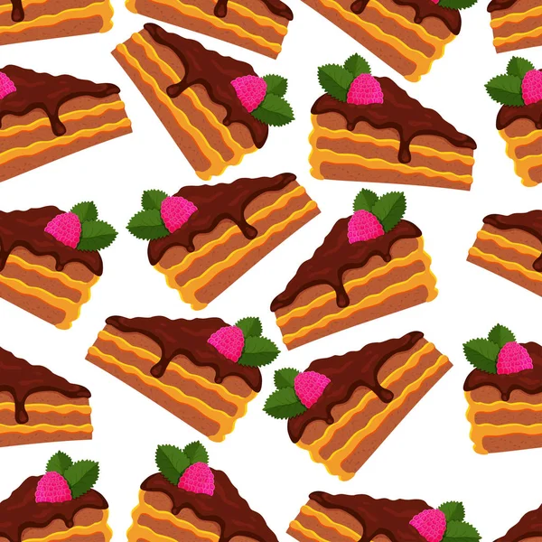 Ahududu ve nane yaprakları ile çikolatalı kek adet seamless modeli. Vektör çizim Eps10.