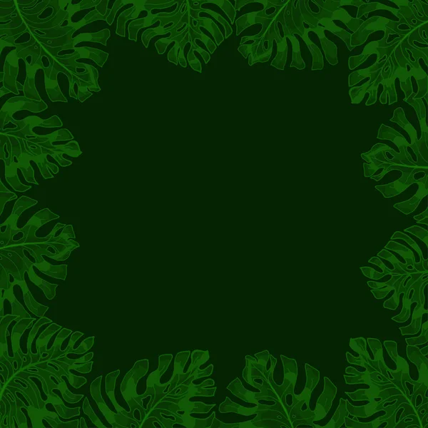 어두운 배경과 이국적인 텍스트 프레임 나뭇잎 Monsteras 측면에서 매달려 포스터 — 스톡 벡터