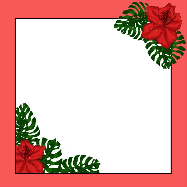 Frame Text Exotic Green Leaves Monstera Azalea Red Flowers Idea — Stock Photo, Image