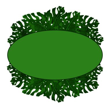 Egzotik, yeşil monstera metinden için oval çerçeve bırakır. Poster, kartpostal, el ilanı için fikir. Tropikal yaprak. Mevcut trendi. EPS 10 vektör.