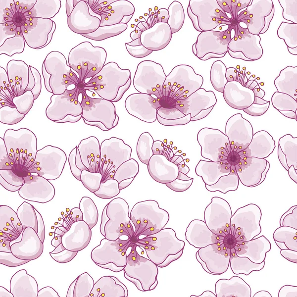 Seamless pattern of spring flowers of pink cherry, sakura on a transparent background. The idea for the design of cards, invitations, packaging, wallpaper, background, print. Vector illustration EPS 10.