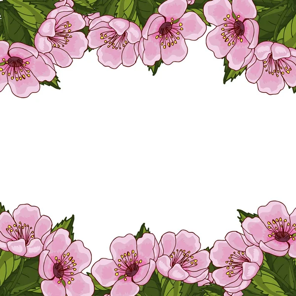 Frame for text with spring flowers of pink cherry, sakura, on a white background. Idea for design postcard, invitation, background, congratulation. Vector illustration EPS 10.