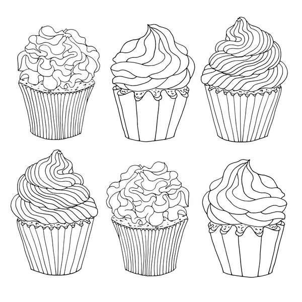 Set Sketch Drawn Black Contour Cupcakes Decorated Cream Isolated White — Stock Vector