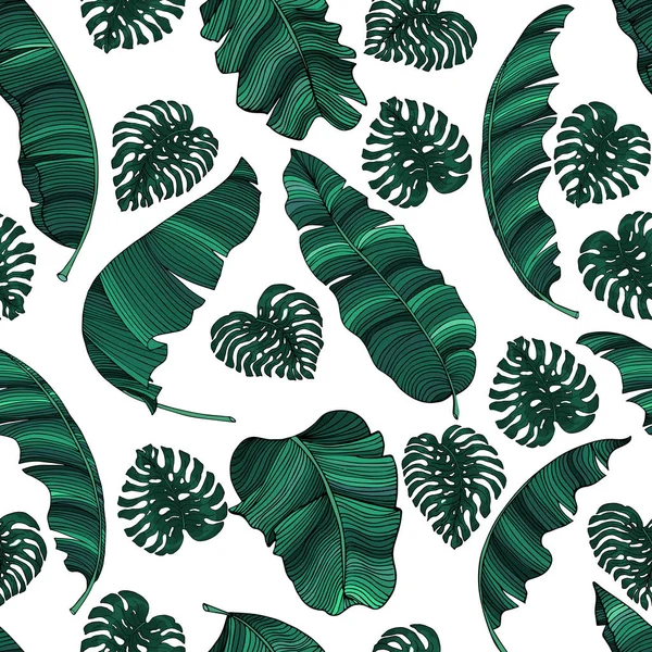 Modèle Sans Couture Feuilles Banane Exotiques Feuilles Monstère Isolées Sur — Image vectorielle