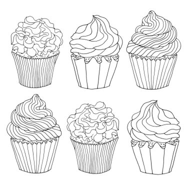 Krema ile dekore edilmiş çizilmiş kroki siyah kontur cupcakes kümesi beyaz arka plan üzerinde izole. Boyama veya tasarım kartları, tebrik için şablon.