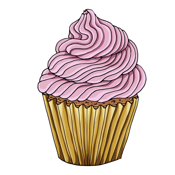 Ilustração de um cupcake decorar com creme rosa e isolado em um fundo branco . —  Vetores de Stock