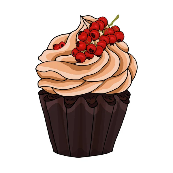 Ilustración de una magdalena decorada con crema de chocolate y racimo de grosellas rojas, aisladas sobre un fondo blanco . — Vector de stock