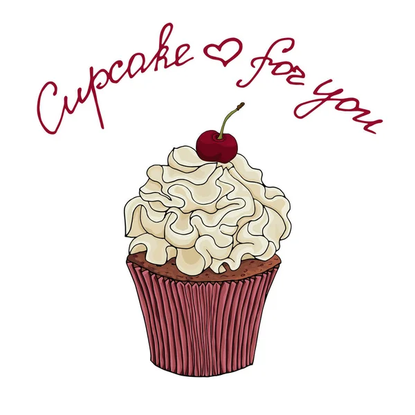 Cupcake al cioccolato con crema alla vaniglia e ciliegia. Logo dolce torta con un desiderio . — Foto Stock