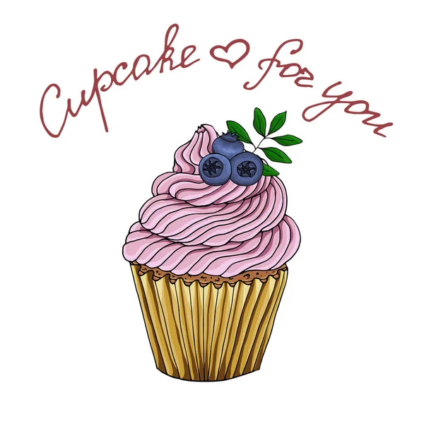 Ilustração de um cupcake decorar com creme rosa e mirtilos, isolado em um fundo branco . —  Vetores de Stock