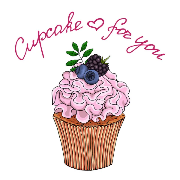 Ilustração de um cupcake decorar com creme rosa e mirtilos, amora, isolado em um fundo branco . —  Vetores de Stock