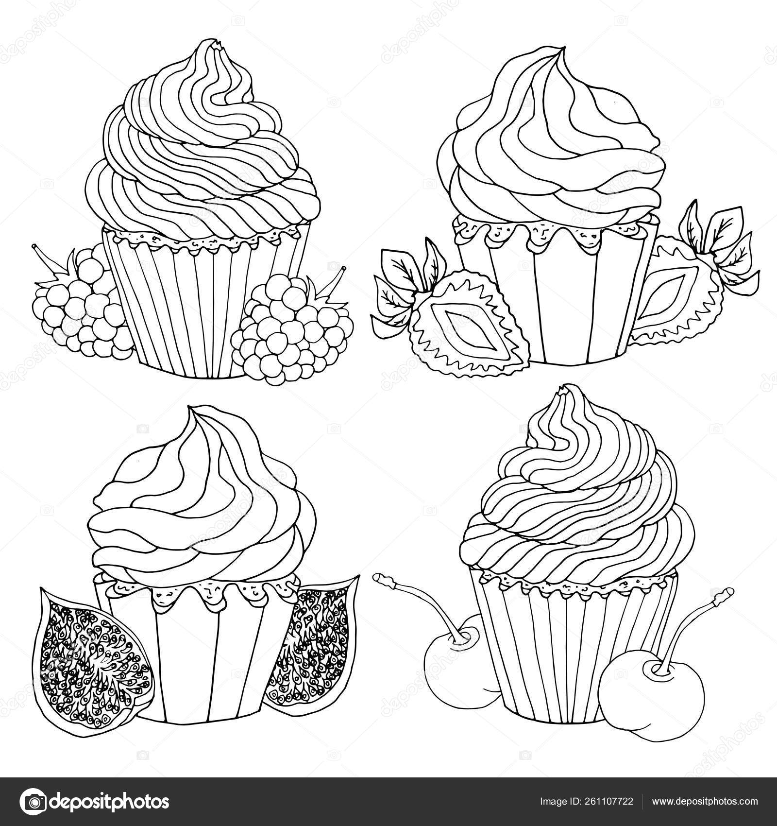 Conjunto de bocetos dibujados cupcakes de contorno negro decorados con  crema, frutas, aislados sobre fondo blanco. Plantilla para colorear o  diseñar postales, saludos . Ilustración de stock #261107722 de  ©remzhyna.gmail.com, image size:1600x1700