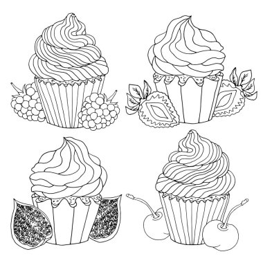 Beyaz arka planda izole krem, meyve ile süslenmiş kroki çizilmiş siyah kontur cupcakes ayarlayın. Boyama veya tasarım kartpostallar, selamlar için şablon.