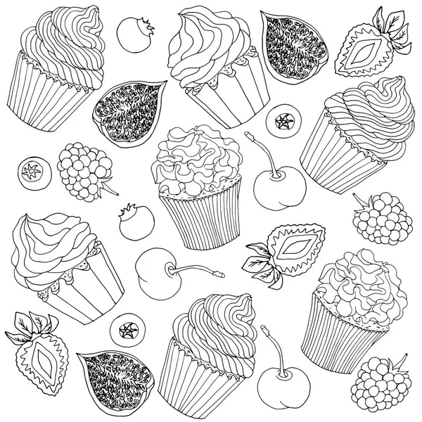 Set of sketch drawn black contour cupcakes decorated with cream, fruits, isolated on white background. — Stock Vector