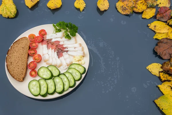 Sliced salted lard served with cucumber, tomato and bread. Traditional Russian snack. Homemade food. Healthy food. Organic ingredients copy space — Stock Image Sliced Salted Lard Served Cucumber Tomato Bread Traditional Russian Snack Stock Picture