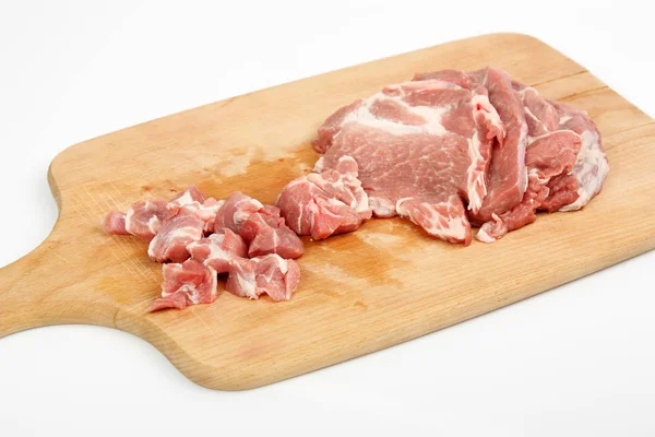 Carne Res Cruda Rodajas Picada Sobre Tabla Madera — Foto de Stock