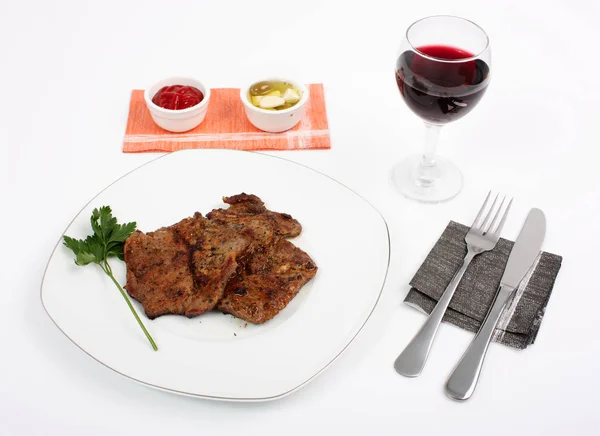 Beef Steaks Plate Sauces Red Wine Glass Cutlery — Stock Photo, Image