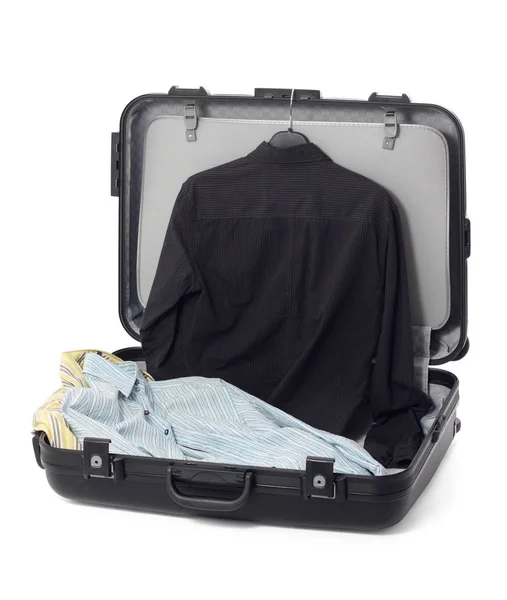 Open Wheeled Luggage Male Shirts Isolated White Background — Stock Photo, Image