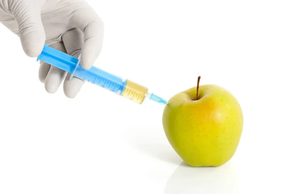 Hand Medicinsk Handske Med Saft Från Äpple Spruta — Stockfoto