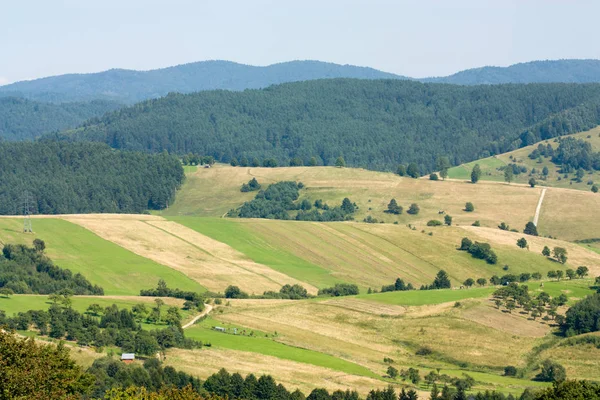 Krajobraz Górski Zielonymi Polami Słońcu — Zdjęcie stockowe