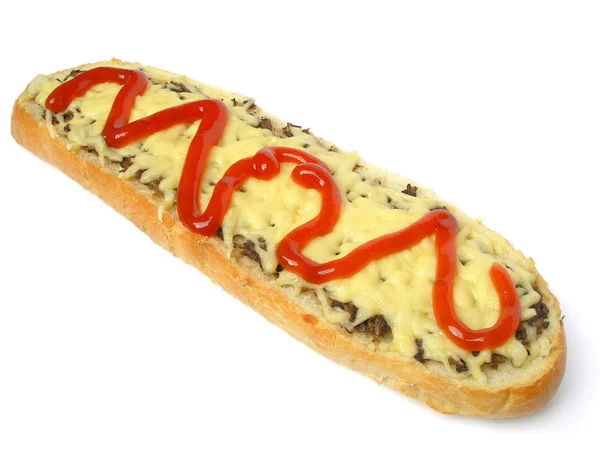 Baguette Mushrooms Cheese Ketchup — Stock Photo, Image