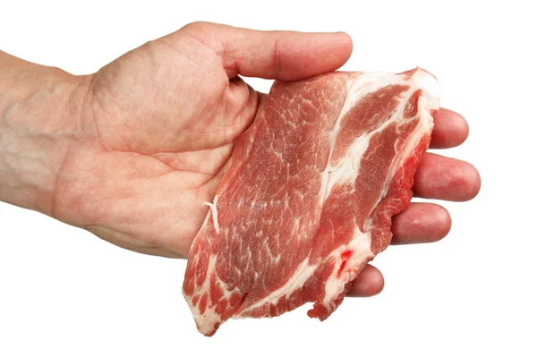 Mano Sosteniendo Filete Carne Cruda Sobre Fondo Blanco — Foto de Stock