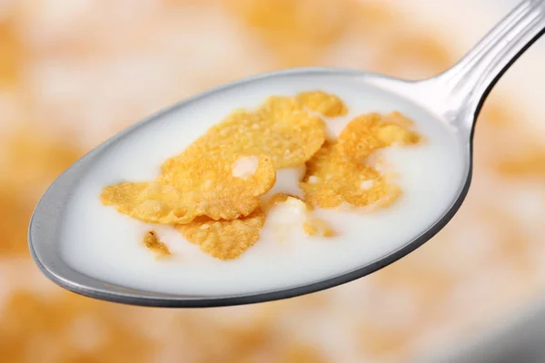 Close Shot Van Lepel Met Granen Chips Melk — Stockfoto