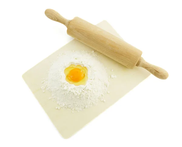 Roller Pin Wooden Board Flour Raw Egg — стоковое фото