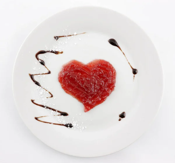 Сервирующая Тарелка Джем Сердцем Шоколадной Начинкой Незаконченный Десерт — стоковое фото
