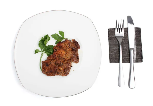 Beef Steaks Served Parsley Plate Cutlery Napkin — Stock Photo, Image