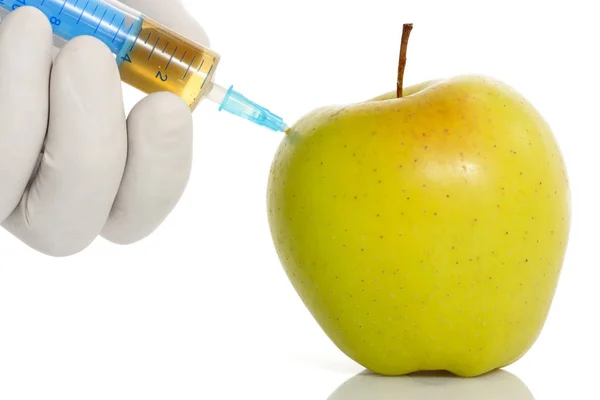 Hand Medicinsk Handske Med Saft Från Äpple Spruta — Stockfoto