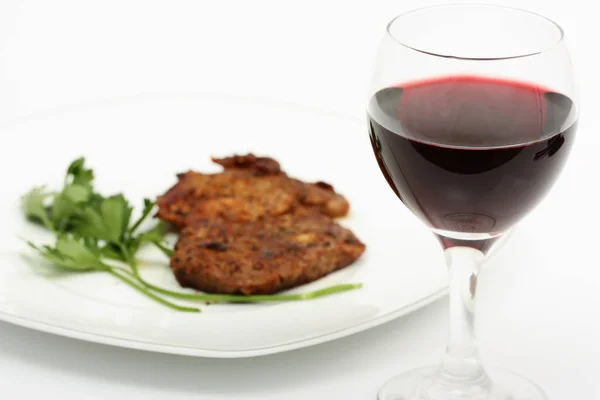 Beef Steaks Served Parsley Plate Red Wine Glass — Stock Photo, Image