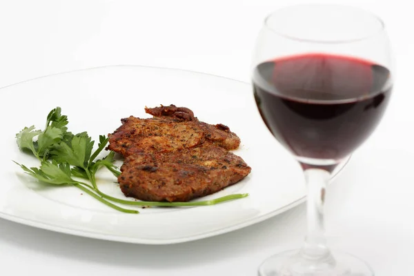 Beef Steaks Served Parsley Plate Red Wine Glass — Stock Photo, Image