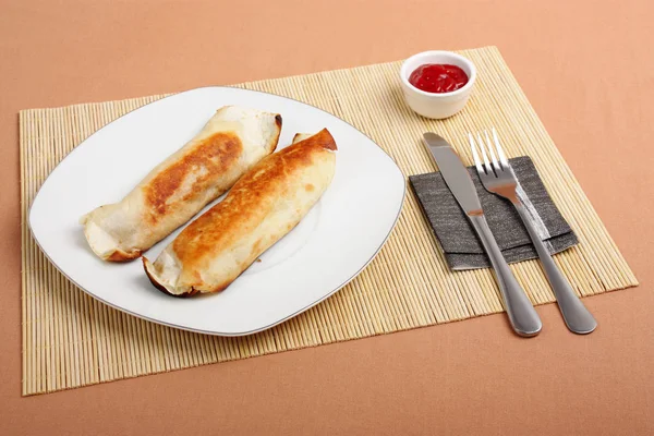 Portion Blini Served Ketchup Cutlery Table — Stock Photo, Image