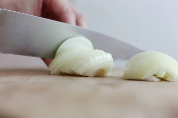 Chief Chopping White Onion Knife Wooden Board — Stock Photo, Image