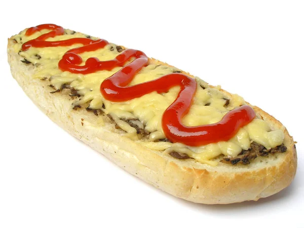 Baguette Mushrooms Cheese Ketchup — Stock Photo, Image