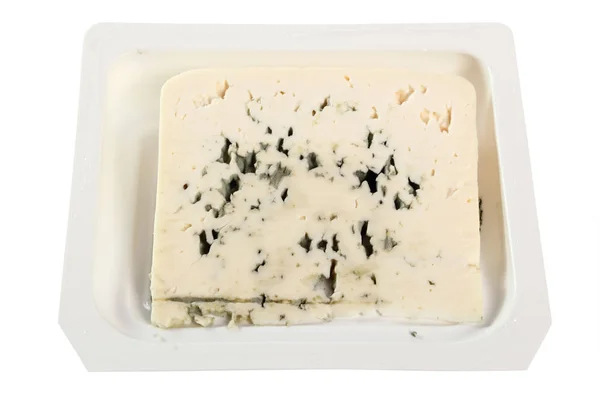 Blue Cheese Wegwerp Plastic Doos Geïsoleerd Met Uitknippad — Stockfoto