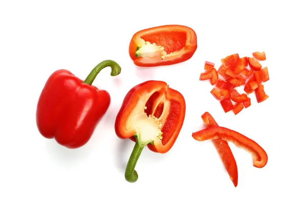 Whole Sliced Red Bell Peppers Isolated White Background — Stock Photo, Image