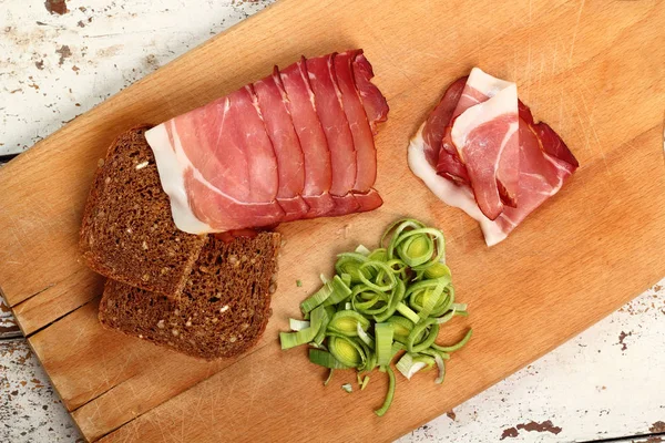 Slices Prosciutto Green Onion Wholegrain Bread — Stock Photo, Image