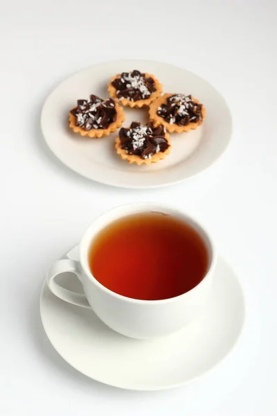 Mini Chocolate Tarts Cup Tea — Stock Photo, Image