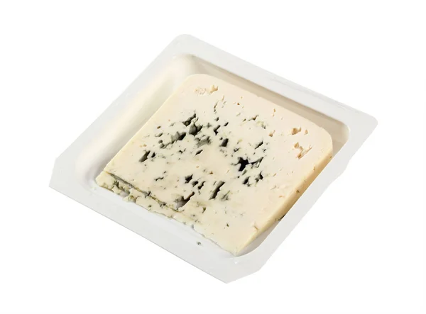 Blue Cheese Wegwerp Plastic Doos Geïsoleerd Met Uitknippad — Stockfoto