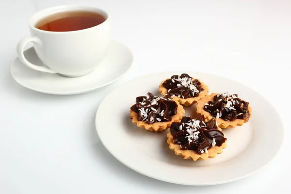 Mini Chocolate Tarts Cup Tea — Stock Photo, Image