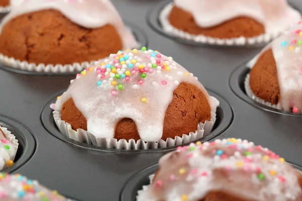 Muffins Chocolate Com Gelo Açúcar — Fotografia de Stock