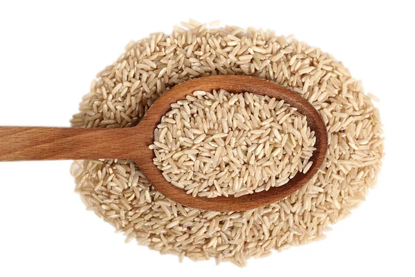 Arroz Integral Grano Largo Sobre Cuchara Madera Aislado Sobre Fondo — Foto de Stock